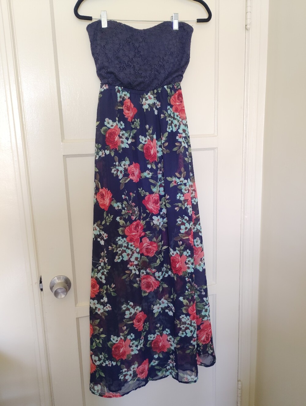 Iris Strapless Navy Floral Maxi Dress with Stretchy Lace Bodice